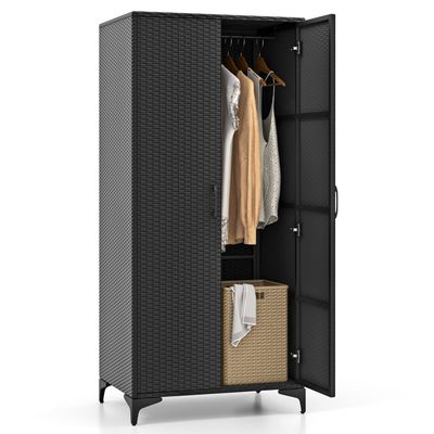 COSTWAY Rangement Exterieur de Vêtements H157cm, Tringle de Suspension, Armoire Penderie en Osier PE pour Chambre Patio Garage,Noir