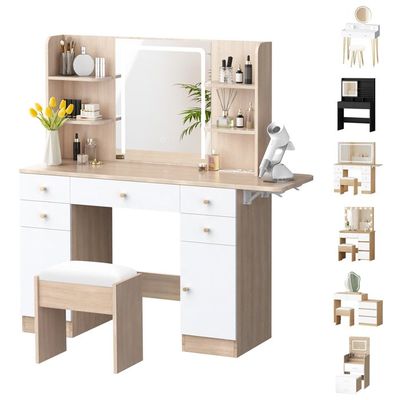 11 Dawers Coiffeuse avec prise de courant, table de maquillage avec plateau en verre, miroir et éclairage, 3 couleurs réglables, 4 étagères et panneau rabattable, coiffeuse avec chaise pour chambre 11 Dawers Coiffeuse avec prise de courant, table de maquillage avec plateau en verre, miroir et éclairage, 3 couleurs réglables, 4 étagères et panneau rabattable, coiffeuse avec chaise pour chambre