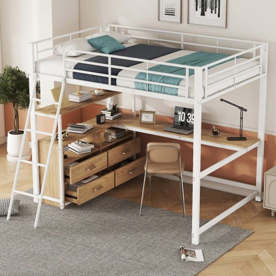 Lit Mezzanine Métal 120x200 Cm, Bureau étagère, Fer MDF Noir