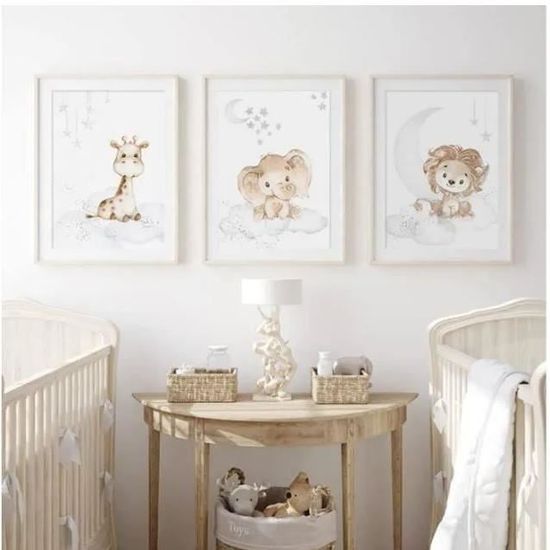 Tableau Toile Éléphant Lion Girafe Noir Et Blanc - 3 Panneaux 40x60 Cm - Décoration Murale Moderne - 3