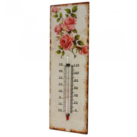 Thermomètre Mural ou à Poser Décoratif en Celsius et Farenheit Motif  Floral en Fer et Papier Vernis 0,5x8x25cm - L'Héritier du Temps
