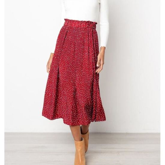 Jupe Midi Plissée Femme - Style été à Pois Avec Poches - Taille Haute élastique - Léger Et Confortable