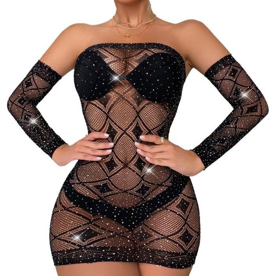 Body Pour Femme En Résille Et Dentelle - Manches Longues, Dos Nu, Avec Strass, Pour Soirée, Club Ou Lingerie - 8