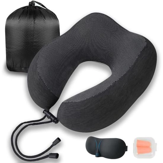 Coussin De Nuque Voyage Rembourrable - Avec Masque Yeux Et Bouchons Oreilles - Forme U, Noir