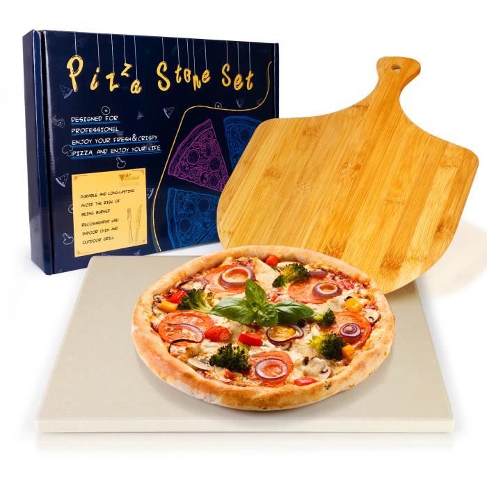 Set à Pizza, Pierre à pizza en Cordiérite, Pelle en Bambou et Livre de Recettes, Convient au Four et Grill, 38 x 30 x 1,5 cm