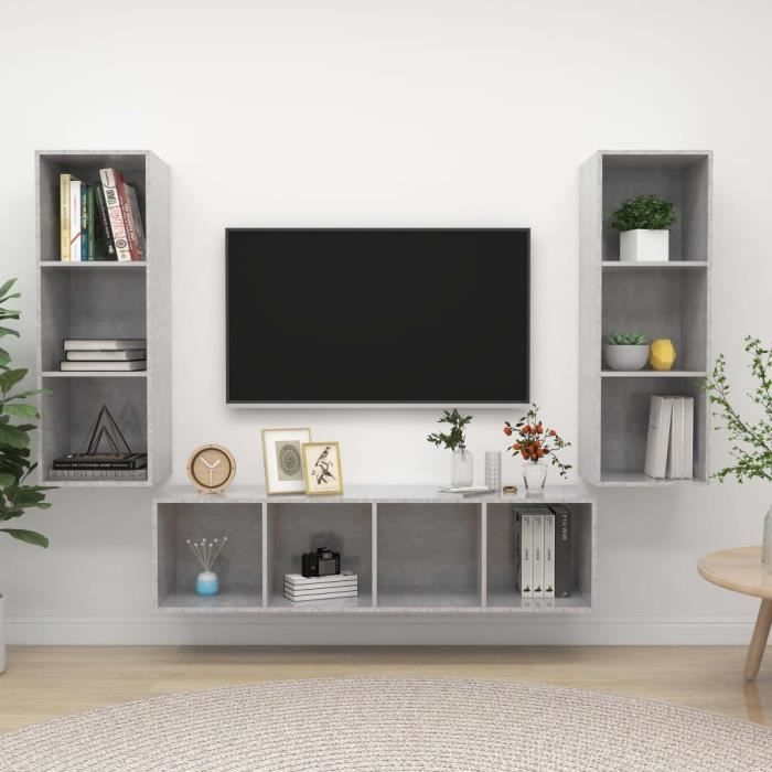 Unique Ensemble de meuble TV 3 pcs Ensemble de meuble TV suspendu MEUBLE TV MURAL COMPLET Gris béton Aggloméré 9386