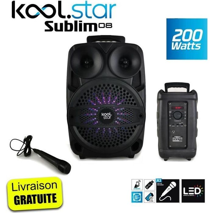 Enceinte autonome SUBLIM08 Koolstar à Led avec micro et Fonction BT/USB/AUX et appplication smartphone - 200W