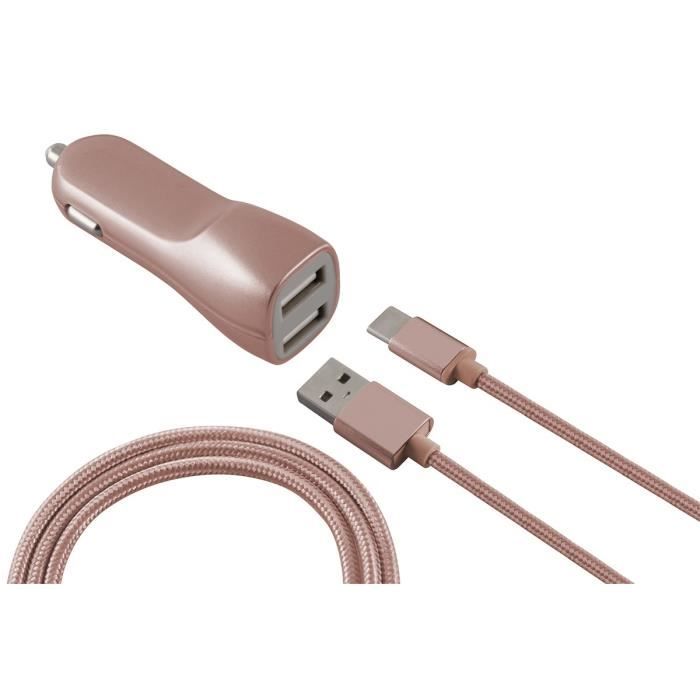 KSIX Chargeur Allume-cigare Métal 2 Ports USB 2,1 A avec Câble USB-Micro USB Métallique Rose Gold
