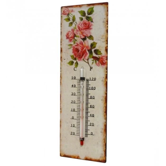 Thermomètre Mural Décoratif en Celsius et Farenheit ou à Poser Motif -Floral- en Fer et Papier Vernis 0,5x8x25cm Multicolore