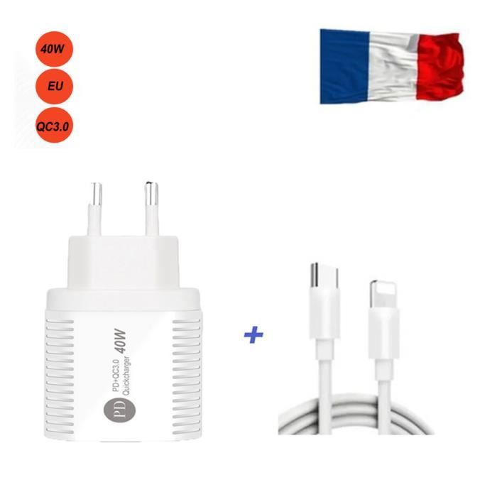 EU Chargeur Rapide Blanc USB type C pour iPhone ,40W,Double Prise pour iPhone 14/13/12/11/XS/XR, Pad Pro/Air