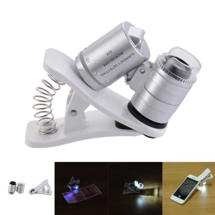 Loupe de microscope de téléphone à clipser 60X avec lumières LED / UV pour SmartPhones universels