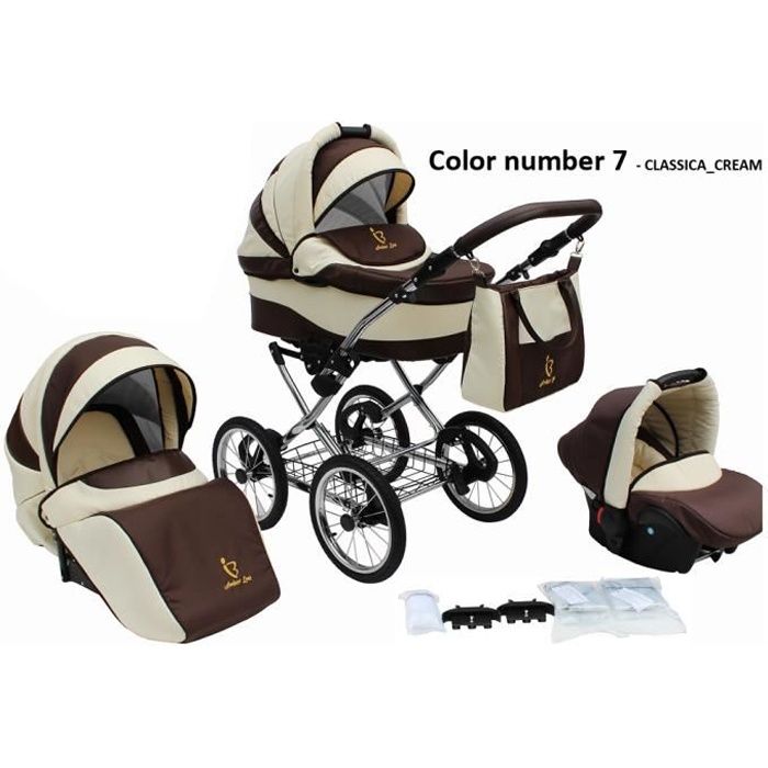 Poussette/Landau avec siège-auto 3en1 et avec accessoires & cadre en chrome et roues 14- gonflables bébé enfant Classica - Crème.
