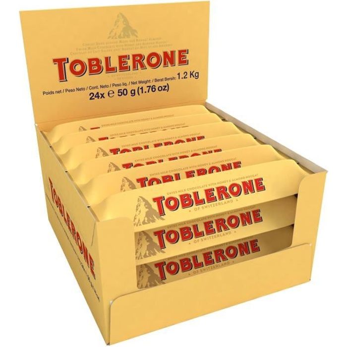 Toblerone chocolat au lait et nougat miel et amandes - Boîte de 24 barres 50 g