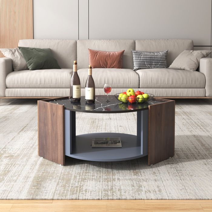 Table basse en marbre noir et noyer - NECHE - Carré - Grille de rangement spacieuse