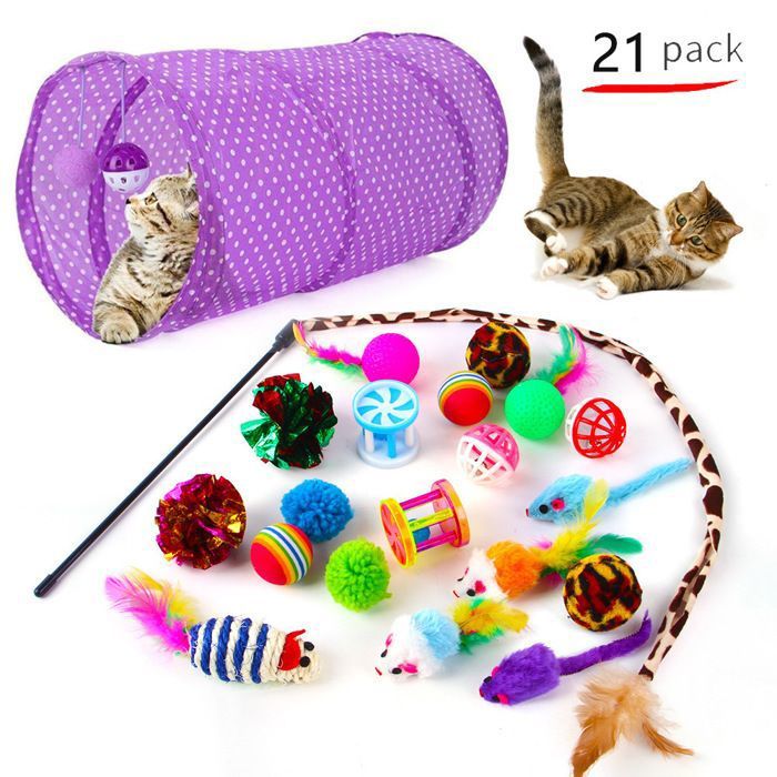 Meilleurs prix pour Jouets Chat 21 Pièces Jouet à Plumes pour Chat Chaton et Kitty, Kit Jouet Chats avec Tunnel, Balles, Plumes,Cloches,Souris et