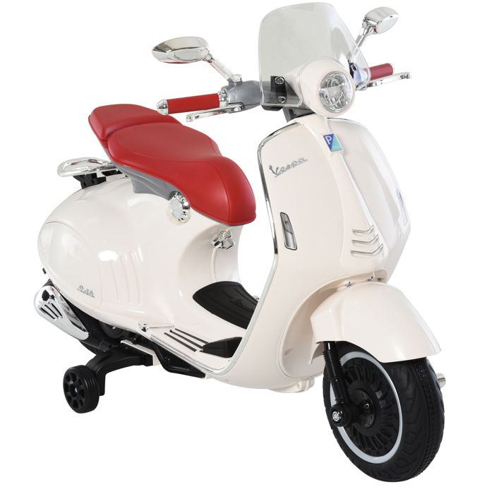 Scooter moto &eacute;lectrique enfant vespa 6v 30w 2 roulettes auxiliaires effets sonores lumineux cr&egrave;me 