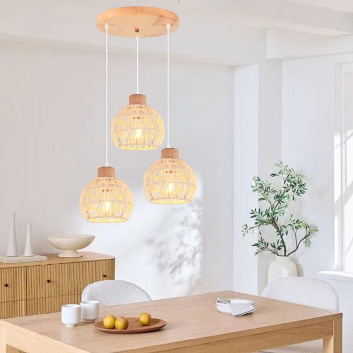 iDEGU Rétro Suspension Luminaire en Cage Lustre Vintage Réglable Lampe de Plafond Industriel en Rotin Blanc pour Salon Chambre