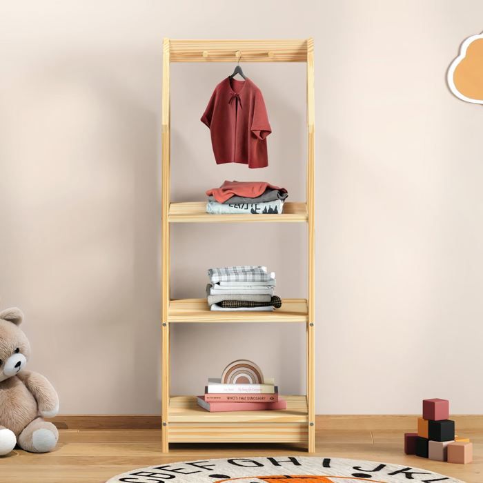 Étagère à vêtement Enfant SALLY en Pin Massif Dressing Enfant avec Tringle à Vêtements Penderie Enfant Montessori Coloris naturel