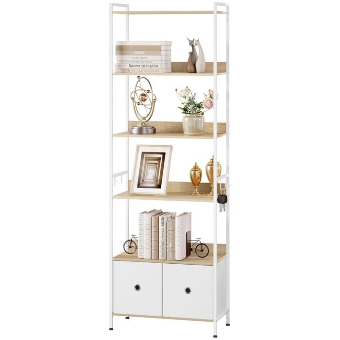 Bibliothèque WOLTU - Meuble Étagère 5 Niveaux avec 2 Tiroirs - 63x30x187cm - Chêne Clair+Blanc W0ITT5086 Bibliothèque WOLTU - Meuble Étagère 5 Niveaux avec 2 Tiroirs - 63x30x187cm - Chêne Clair+Blanc W0ITT5086