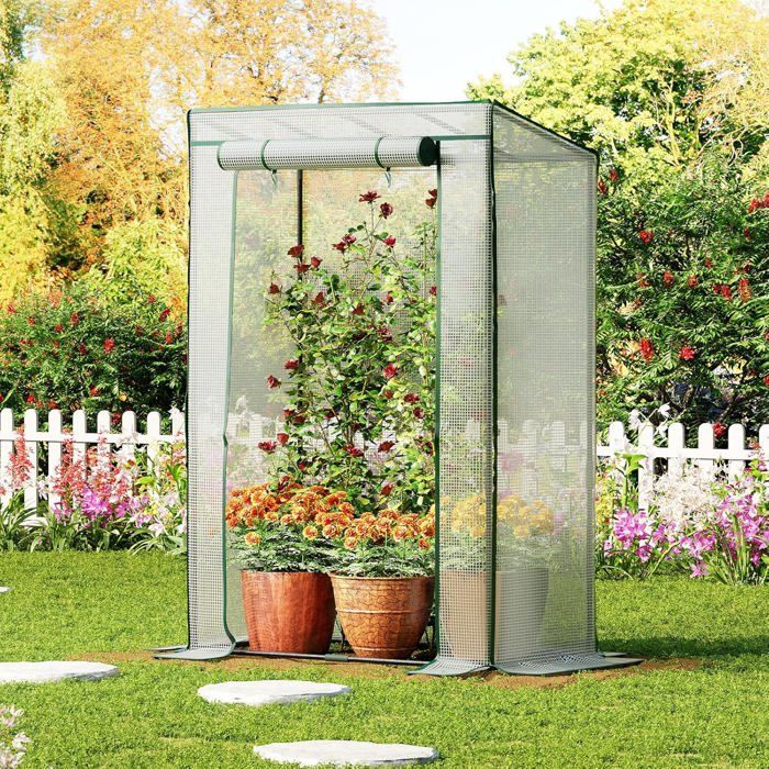 Serre de Jardin Serre à Tomates avec Barre de Renfort sur Le Toit Plat Porte Enroulable Abri Potager pour Plantes Blanc