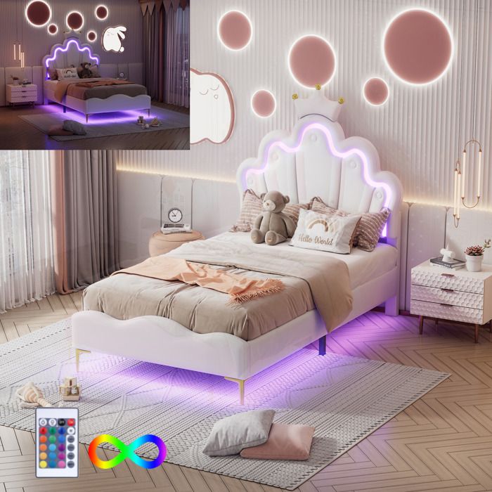 Lit simple enfant 90 x 200 cm avec lumière LED Cadre de lit en PU avec tête de lit et sommier à lattes pour 1 personne Couronne