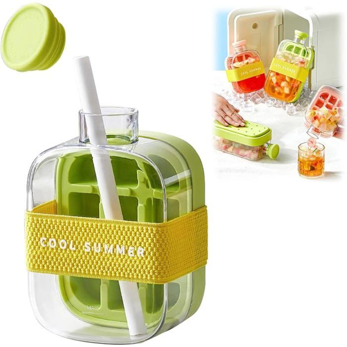 Bottiglia 2 In 1 Con Ghiaccio E Cannuccia - One Touch Ice Release, 500ml Verde - Per Caffè Freddo, Cocktail E Picnic - 2