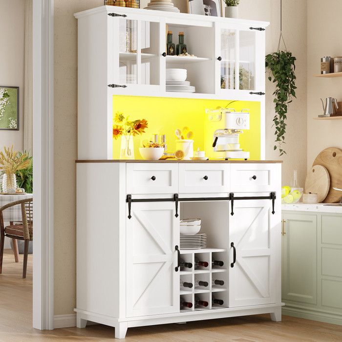 Armoire de Cuisine 105×38.4×180 cm avec Éclairage LED Armoire Haute Buffet de Cuisine Vitrine avec Étagères Réglables Blanc