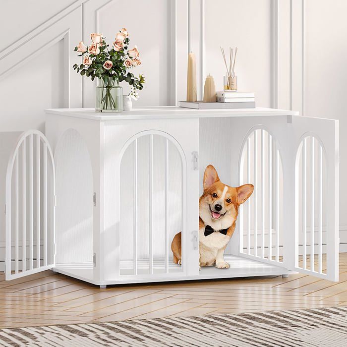 Meilleurs prix pour 80cm Cage pour Chiens Table dAppoint Niche Moderne pour Chiens Intérieur Cage pour Chiots 3 Portes 56 x 80 x 61 cm Blanc