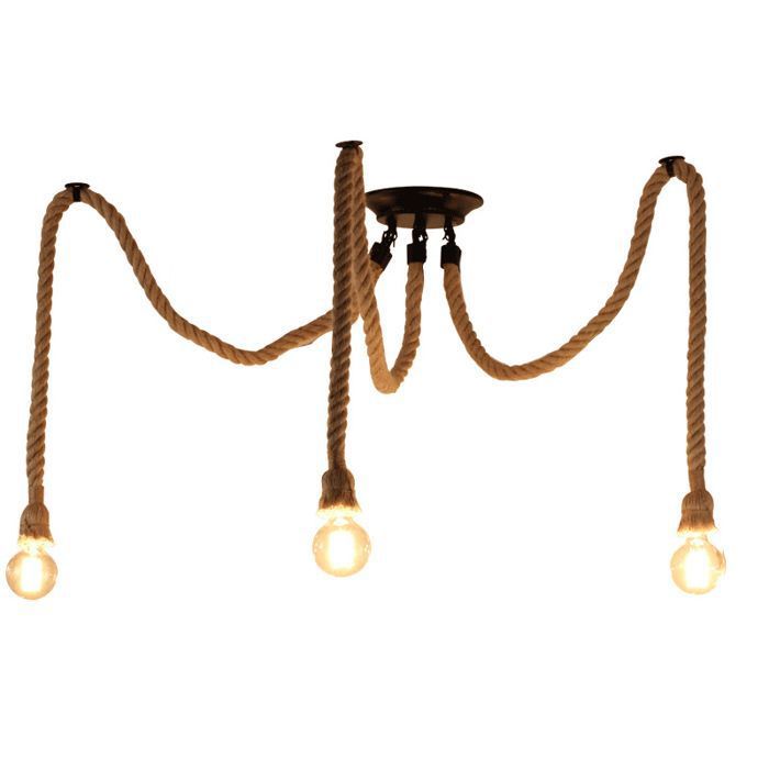 Plafonnier - SMOTOP - 3 têtes E27 - Corde de chanvre beige suspendu - Style rétro