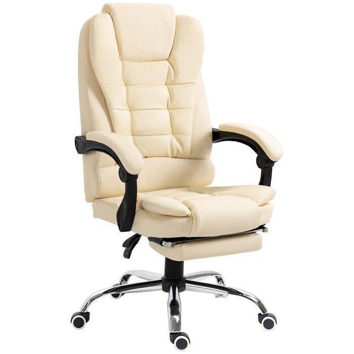 Chaise de bureau exécutive avec repose-pieds inclinaison et accoudoirs réglables ergonomique en cuir artificiel blanc crème Chaise de bureau exécutive avec repose-pieds inclinaison et accoudoirs réglables ergonomique en cuir artificiel blanc crème