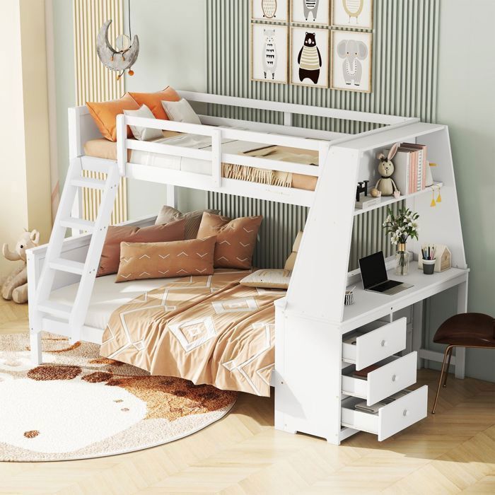 Lit superposé - SOGEU - 90/140x200 cm - Bois pin massif blanc - Bureau & 3 tiroirs - Escalier interchangeable