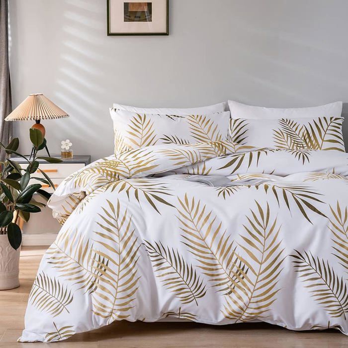 Housse de couette - Feuilles de palmier tropicales - Or et blanc - Microfibre - Fermeture éclair