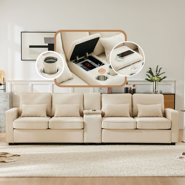 Canapé 4 places moderne 290 cm avec 2 ports USB et 2 porte-gobelets canapé droit avec 4 coussins et poches latérales Lin Beige