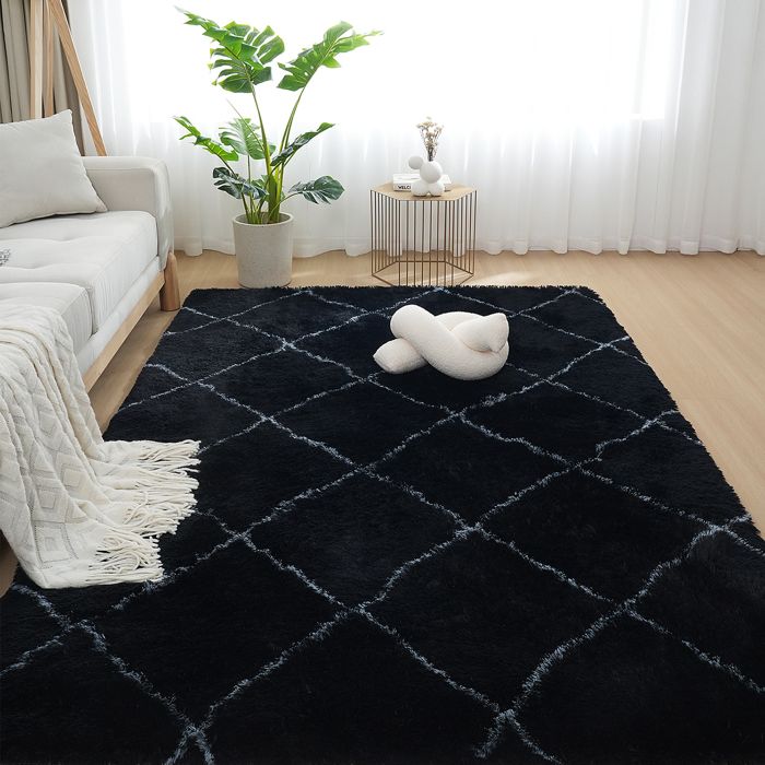 Tapis Salon Shaggy 120 x 160cm Descente de lit Chambre Grande Taille Tapis Moelleux Noir Style Moderne pour Salon Chambre Canapé