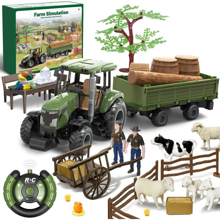 Tracteur Télécommandé Enfant 2.4 GHz – Avec Remorque électrique, Lumières, Animaux, Foin – Cadeau Ferme 3-7 Ans