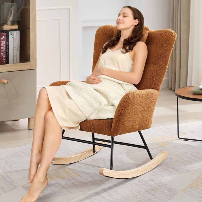 Fauteuil à Bascule avec coussins-Rocking chair-velours - marron - Style Scandinave-64 × 92× 91cm
