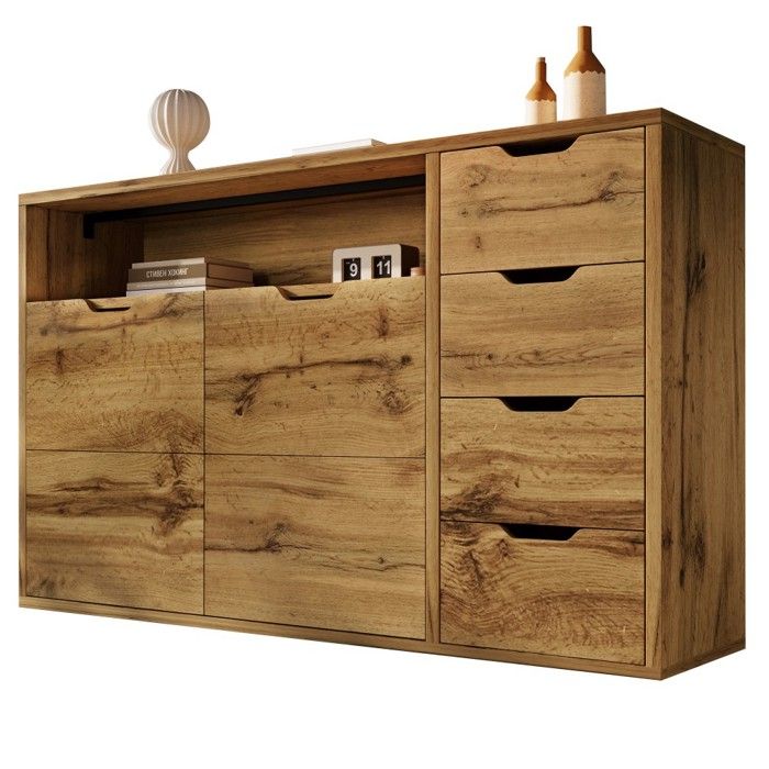 Buffet Bahut Commode Aspect Chêne 150x40x90cm 2 Portes 4 Tiroirs Étagères Réglables Anti-basculement Pour Salon Entrée Buffet Bahut Commode Aspect Chêne 150x40x90cm 2 Portes 4 Tiroirs Étagères Réglables Anti-basculement Pour Salon Entrée