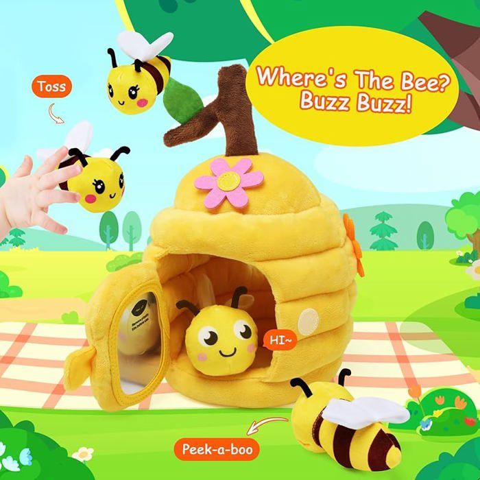 Jouet Bebe 6 Mois Montessori Ruche en Peluche avec Abeilles Jeux Eveil Bebe avec Froissement Cadeau Bébé Enfant Fille et JOUET