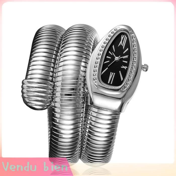 Garosa montre serpent Montre femme argent noir cadran exquis à la mode en forme de serpent montre-bracelet pour lunettes bracelet
