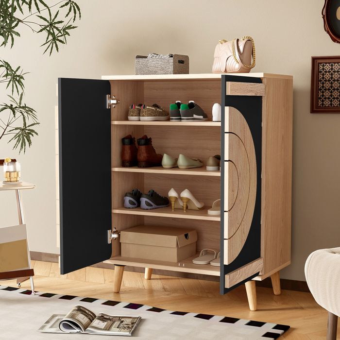 Meuble à chaussures 76 x 37 x 98 5 cm avec portes géométriques rondes rangement fermé MDF noir et naturel