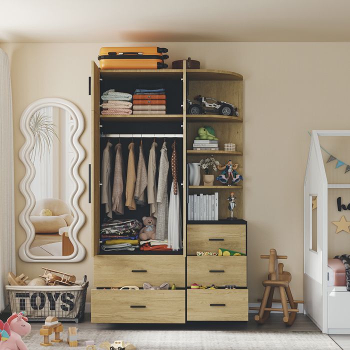 Armoire de rangement multifonction - Naturel+Noir - Bois dingénierie - Cinq tiroirs - Tringle à vêtements