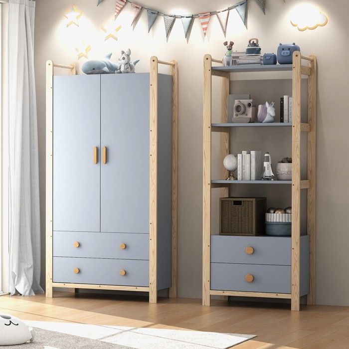 Ensemble armoire enfant 2 pièces 160x45x180 cm-2 portes-tringle-4 tiroirs-3 niches ouvertes-cadre en sapin-Bleu et bois naturel