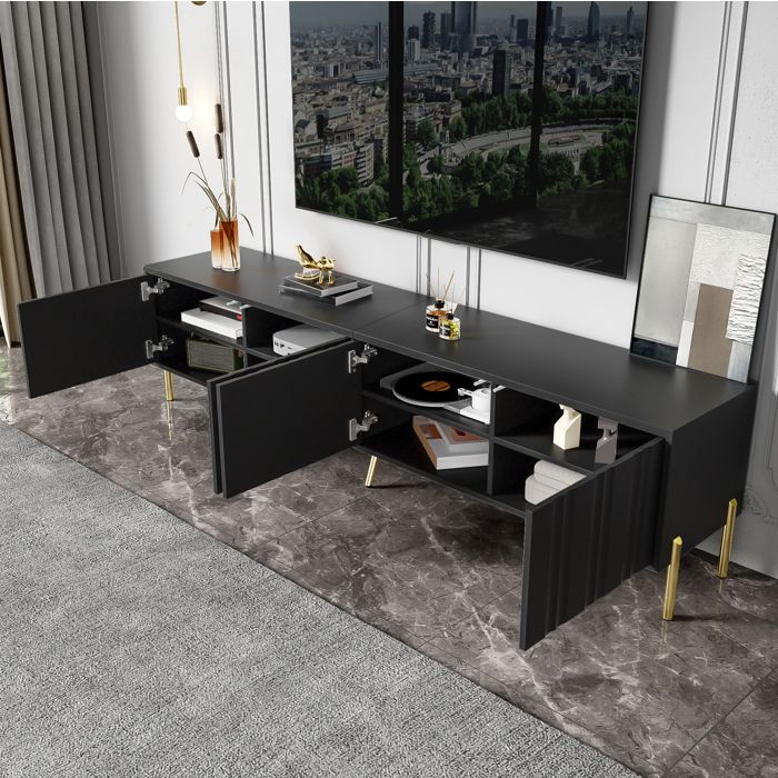 COVREO Meuble TV noir 190 x 38 x 48 cm avec 4 portes 8 étagères et pieds dorés