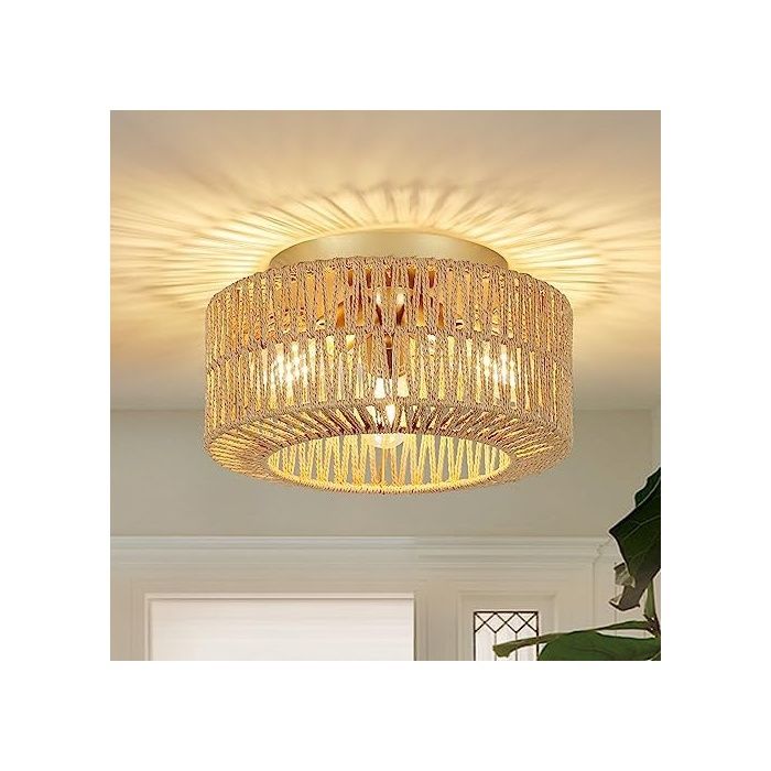 Plafonnier Boho Style en Rotin 3 Flammes - Lampe de Plafond en Bambou pour Salon Chambre Cuisine Entrée - Altın- Style 1 AMPOULE