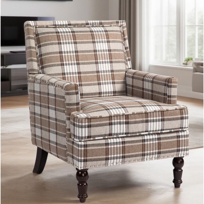 Fauteuil vintage marron et blanc en tissu avec accoudoirs bois montage facile pour salon JOINERY