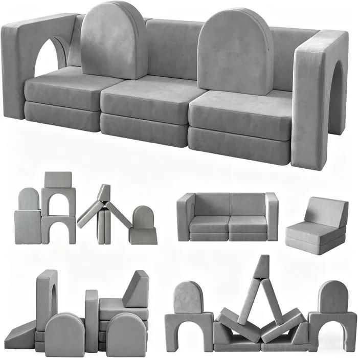 OUDian Canapé Lit Enfant Gris Canapé Enfant Convertible Avec 13 Modules Futon Pliable Pour Chambre D’enfant Et Salle De Jeux