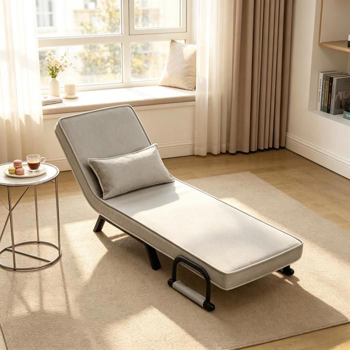 Fauteuil convertible - ZEVKOR - 1 place 65×75×78 cm - Dossier réglable - Lin gris - Coussin inclus (sans matelas)