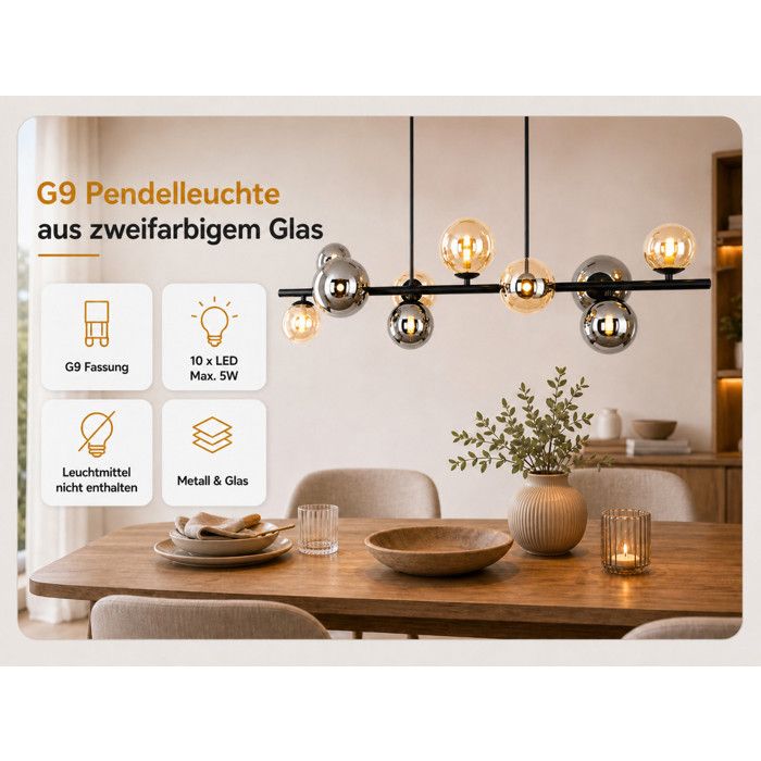 HOMEFIRE - Suspension Luminaire 10 Douilles G9 Verre Bicolore Ambre Gris - Lustre Hauteur Réglable pour Cuisine Salle à Manger