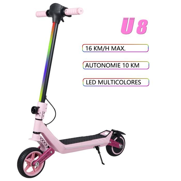 Trottinette électrique enfant U8 - 130W - 24V 26Ah - 16 km/h - Autonomie 10 km - LED multicolores - Rose