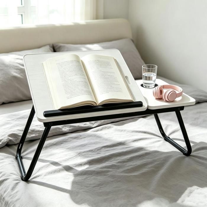 Rcynview Table de Lit Pliable Inclinable Bureau réglable 5 niveaux Table dordinateur Portable avec porte-gobelet 56x33x25-41cm